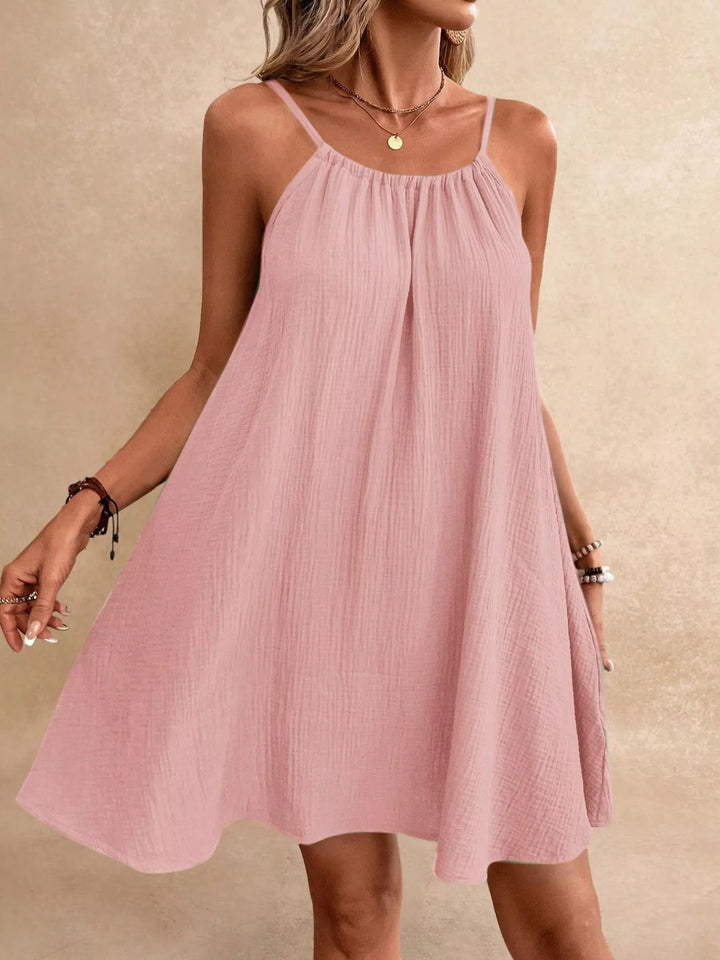 Backless crinkle spaghetti strap mini dress