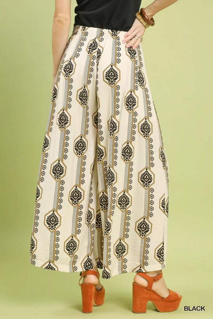 Boho medallion print wide leg pants with side pockets