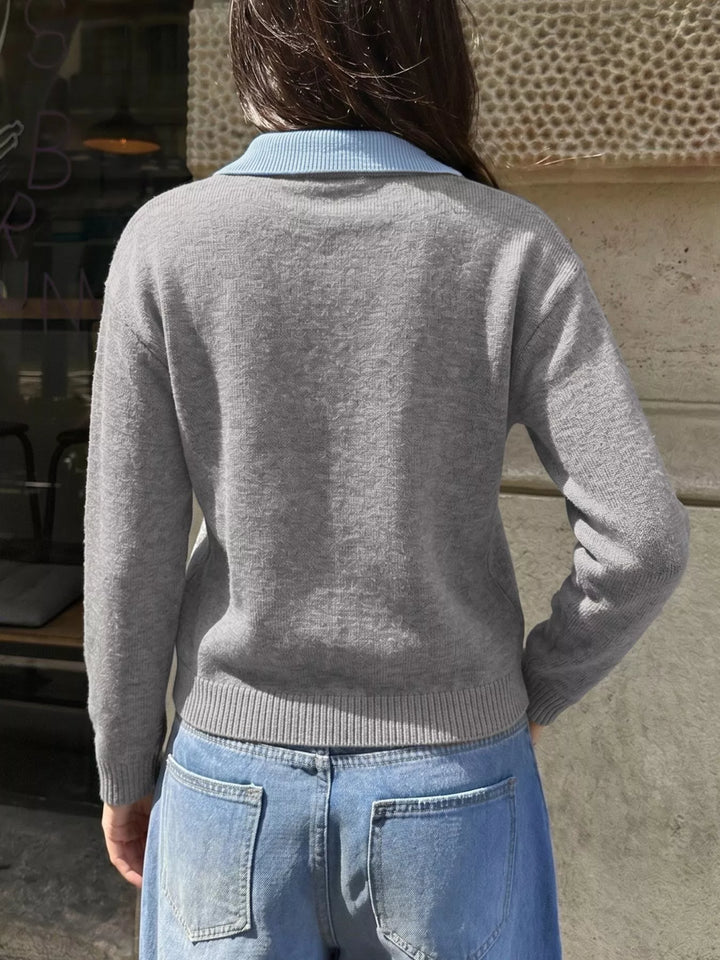Contrast collar dropped shoulder V-neck sweater