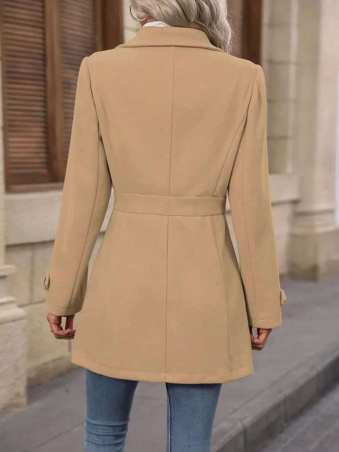 Notched lapel button-up coat with waist tabs