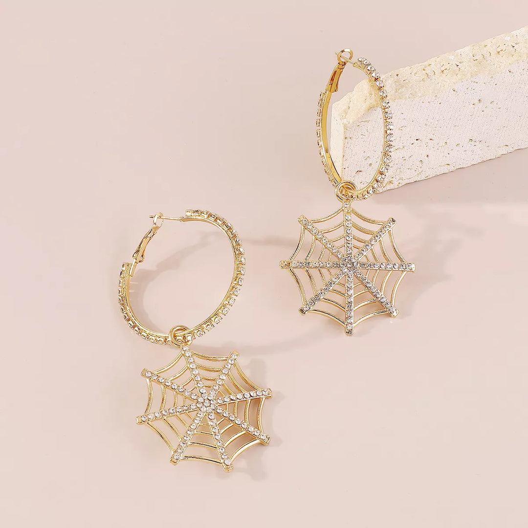 Rhinestone spider web dangle hoop earrings