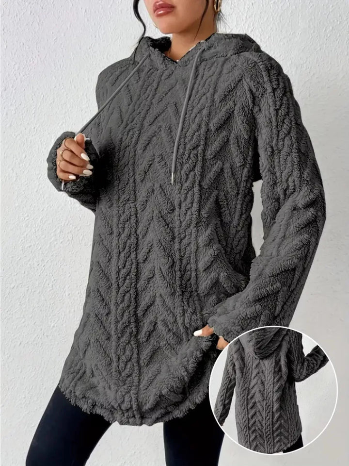 Gray Textured cable-knit fleece pullover hoodie with drawstring