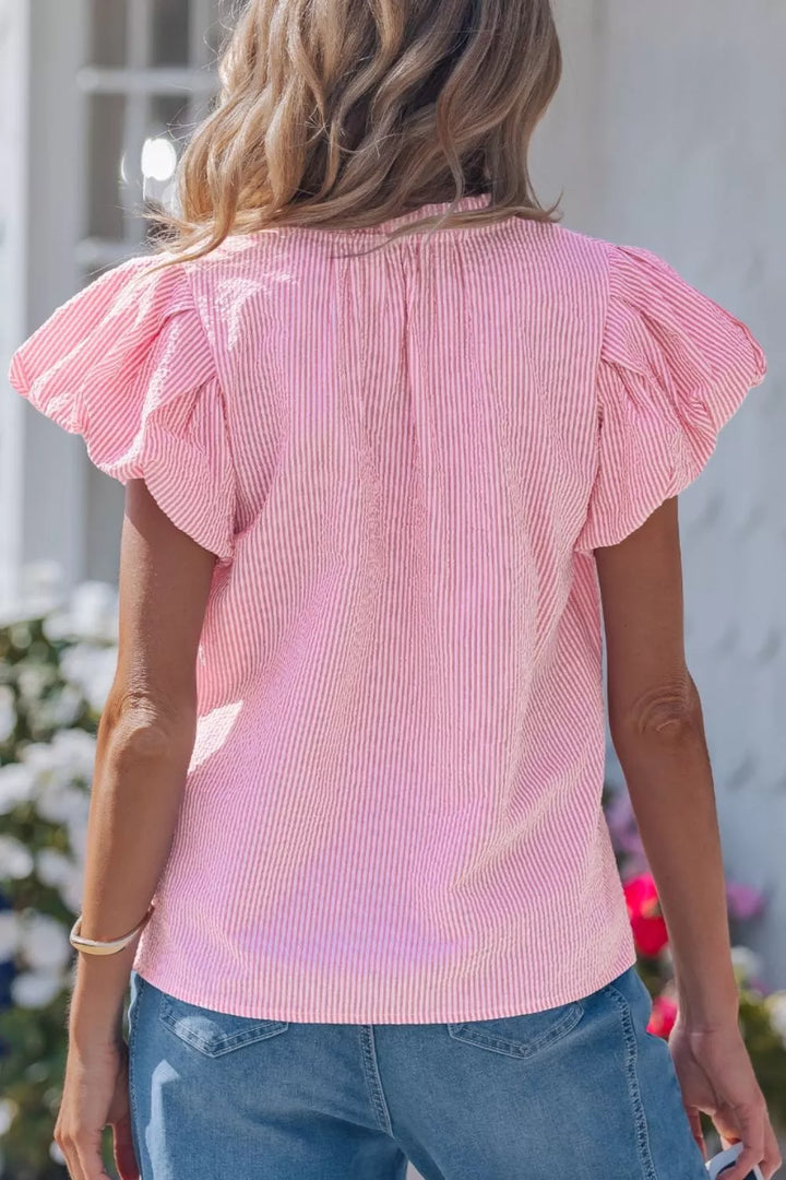 Striped split V-neck blouse with flutter bubble sleeves