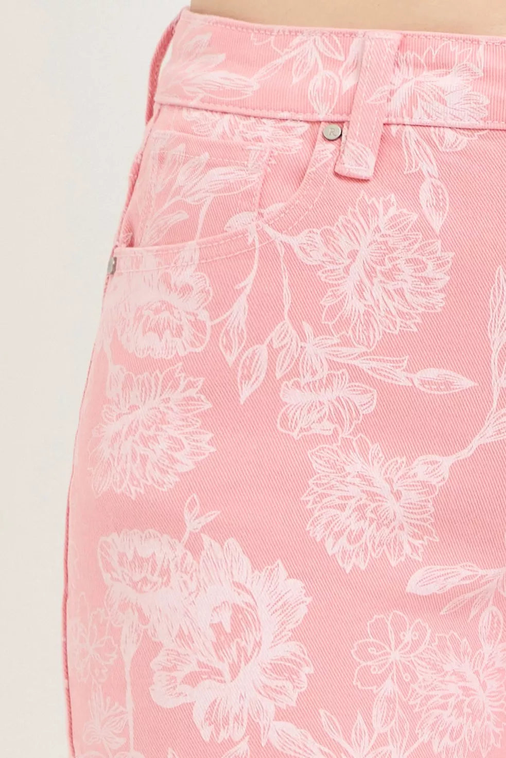 High-rise floral print denim shorts with frayed hem