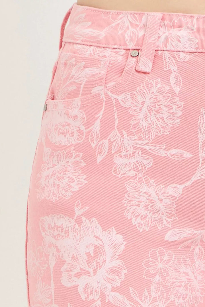 High-rise floral print denim shorts with frayed hem