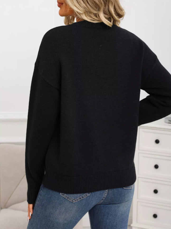 Cherry motif crew neck long sleeve knit sweater