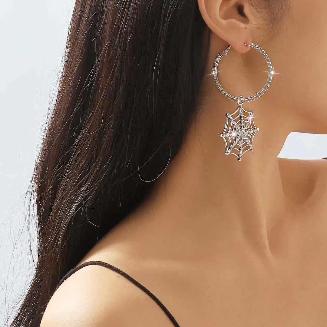 Silver Rhinestone spider web dangle hoop earrings