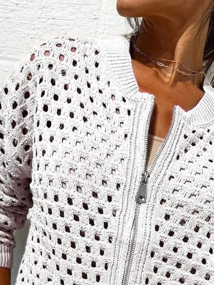 Open-knit zip-up bomber cardigan with ribbed trim