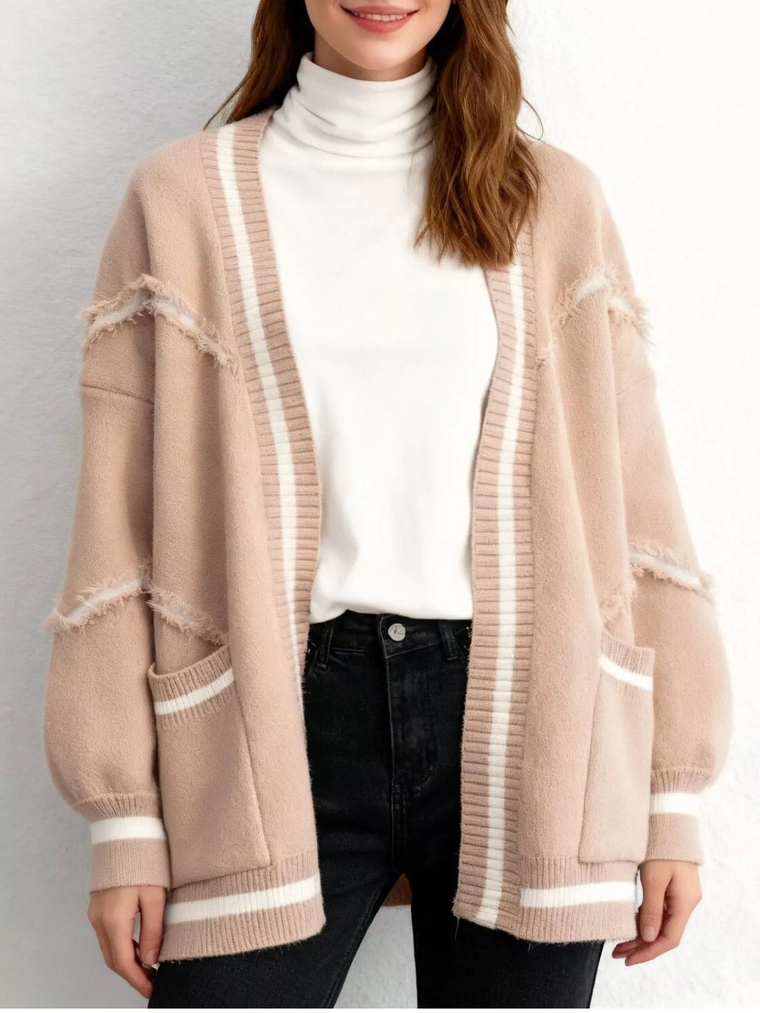 Pale Blush Frayed exposed-seam open front cardigan with striped trim