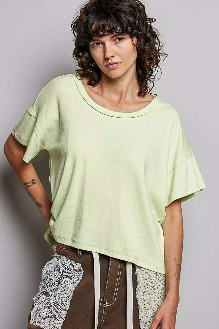 MINT Relaxed short sleeve tee with high-low hem and exposed seams