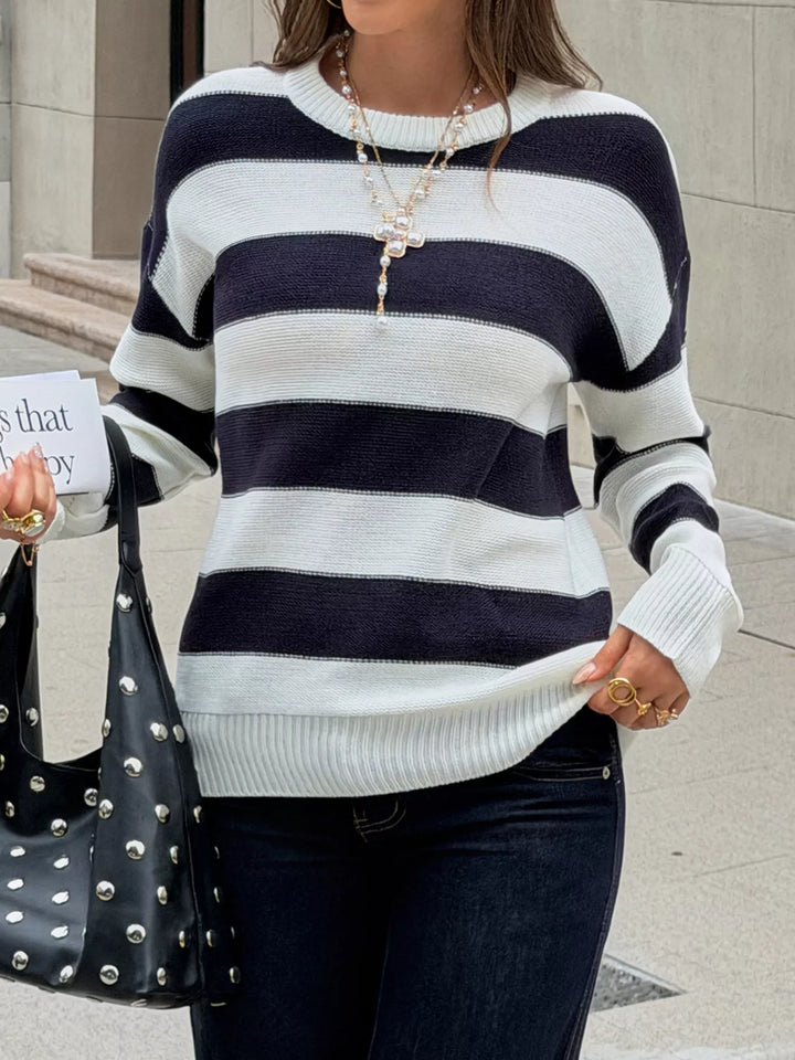 Blue Wide stripe crew neck knit pullover sweater