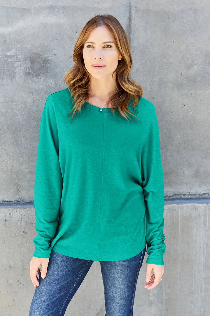 Relaxed drop-shoulder round neck long sleeve top