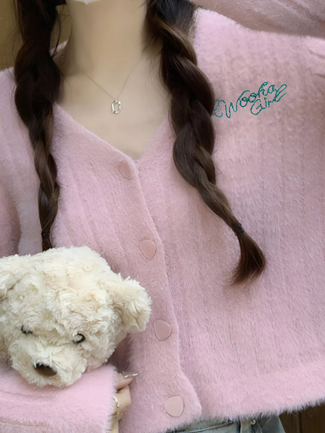 Fuzzy brushed knit button-up cropped cardigan