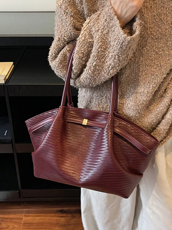 Woven texture faux leather tote bag with gold clasp