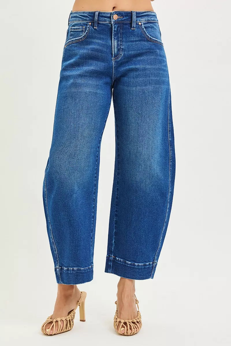 Mid-rise cropped barrel jeans with whisker fading