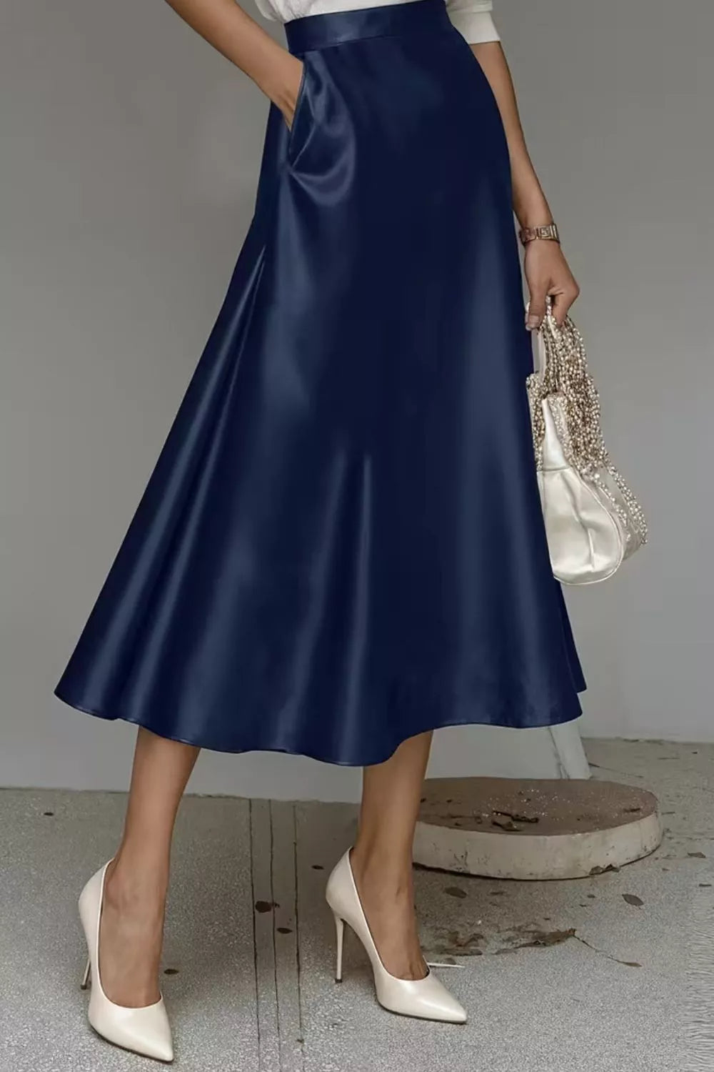 High-waist satin A-line midi skirt with pockets