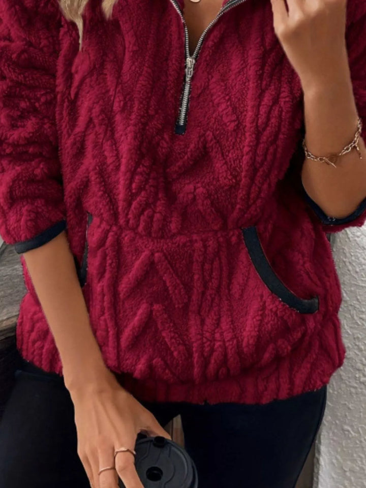 Textured sherpa half-zip pullover with contrast trim