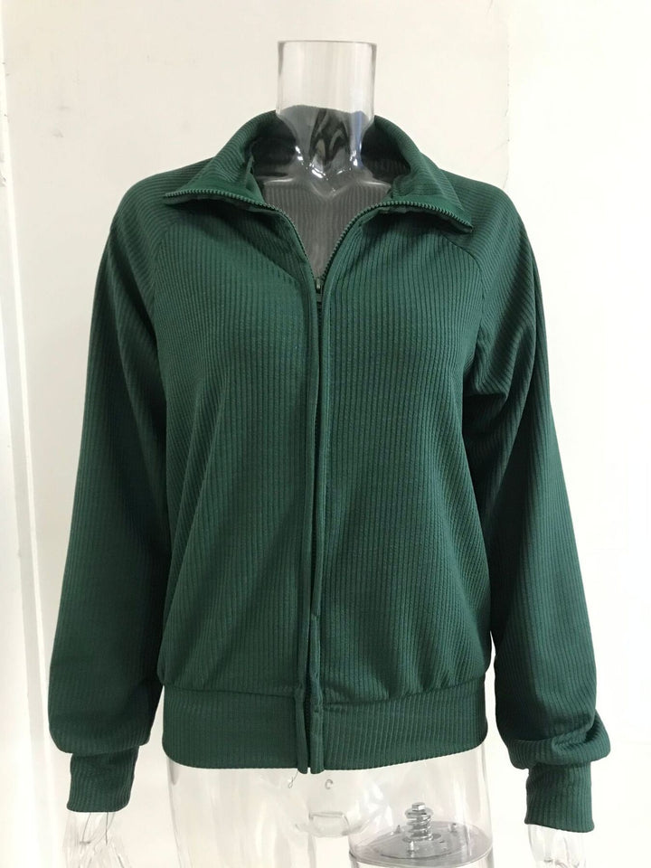 Ribbed knit zip-up cardigan with collar and pockets