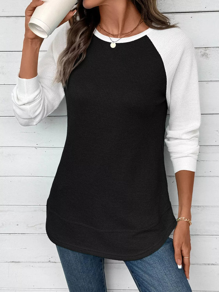 Waffle knit long sleeve raglan tunic top