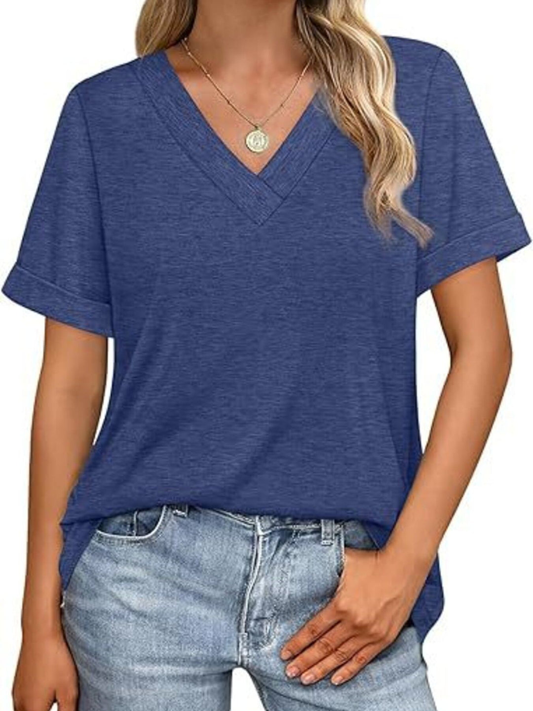 Navy Blue Relaxed V-neck short sleeve tee with rolled cuffs