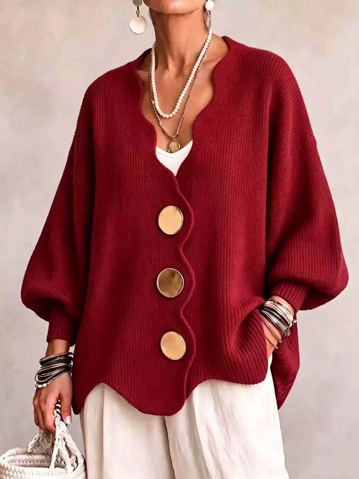 Red Scalloped-edge ribbed knit oversized button-down cardigan