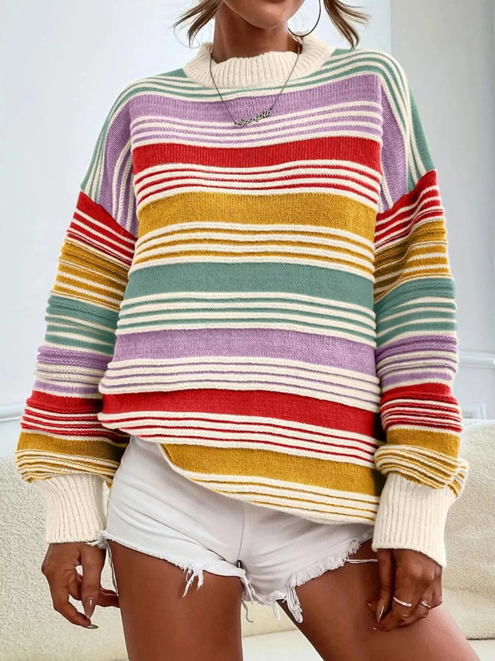 Pink Purple Striped mock neck relaxed knit pullover sweater