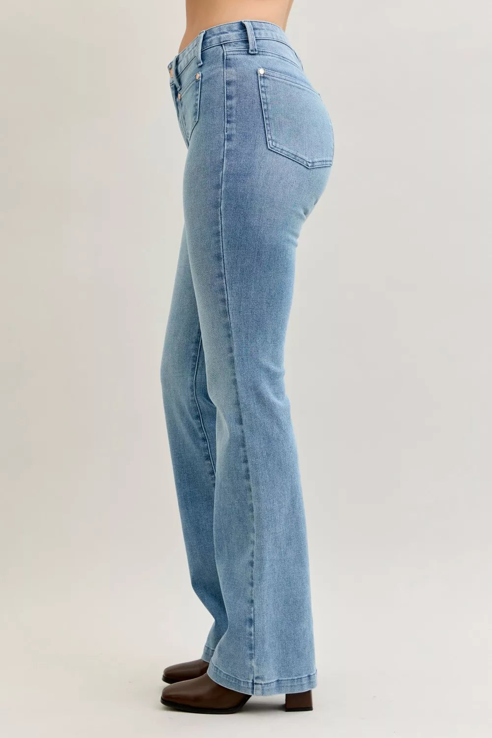 Mid-rise contrast wash bootcut jeans with front patch pockets