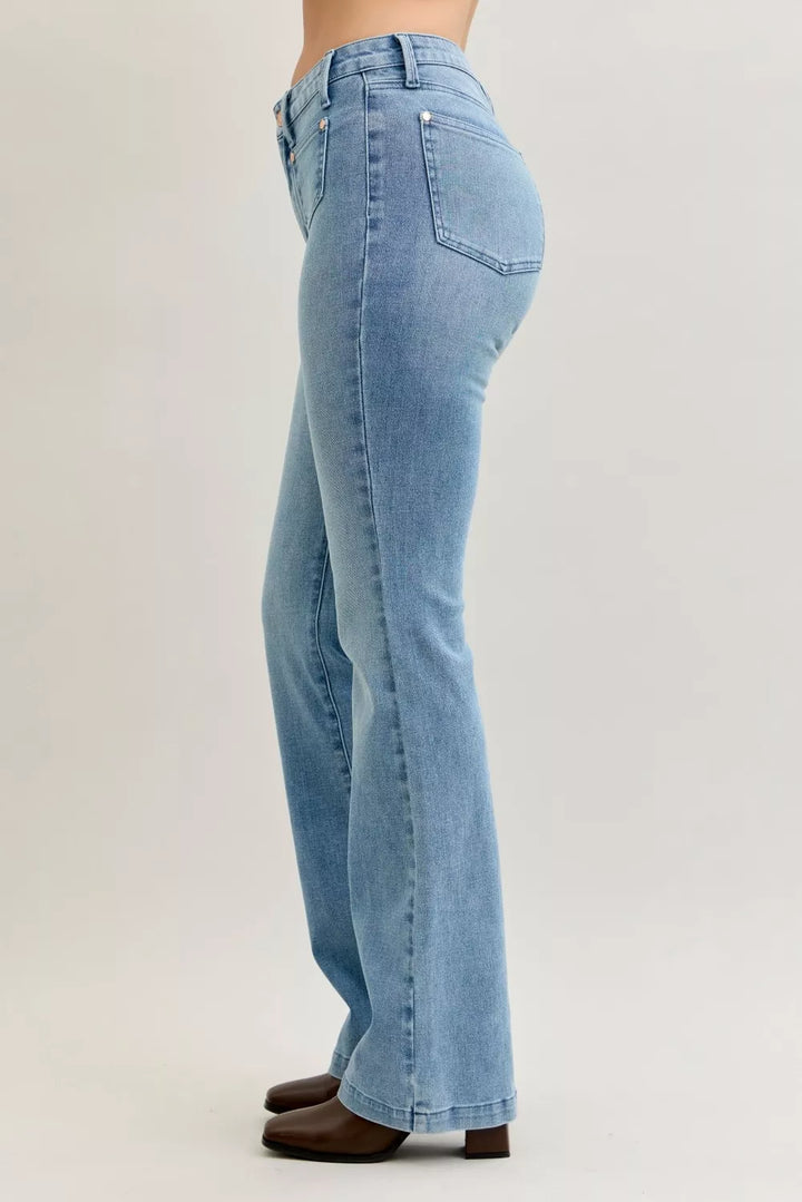 Mid-rise contrast wash bootcut jeans with front patch pockets