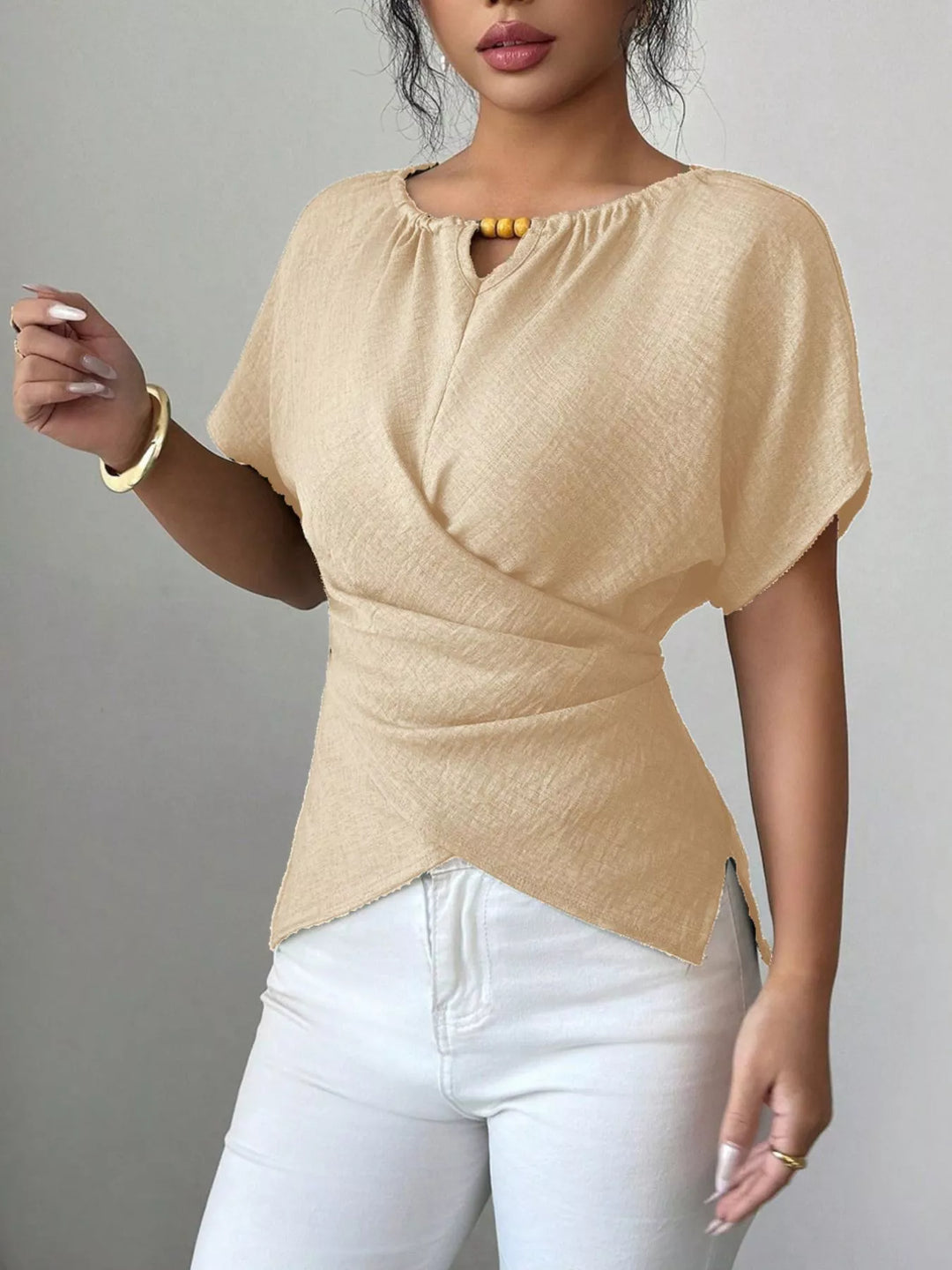 Apricot Wrap-front short sleeve blouse with beaded keyhole neckline
