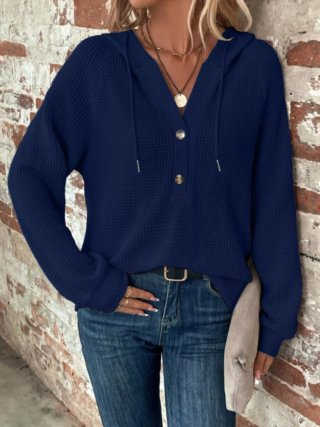 Navy Waffle knit button-front hoodie with drawstring hood