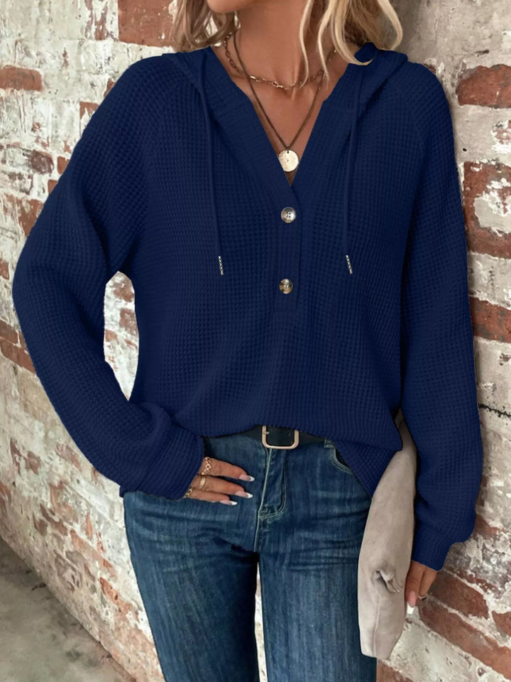 Navy Waffle knit button-front hoodie with drawstring hood