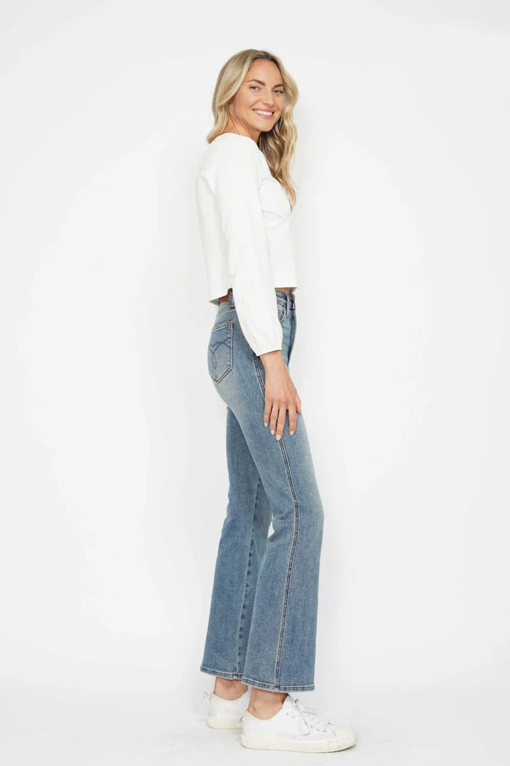 High-rise tummy control bootcut jeans with embroidered pockets