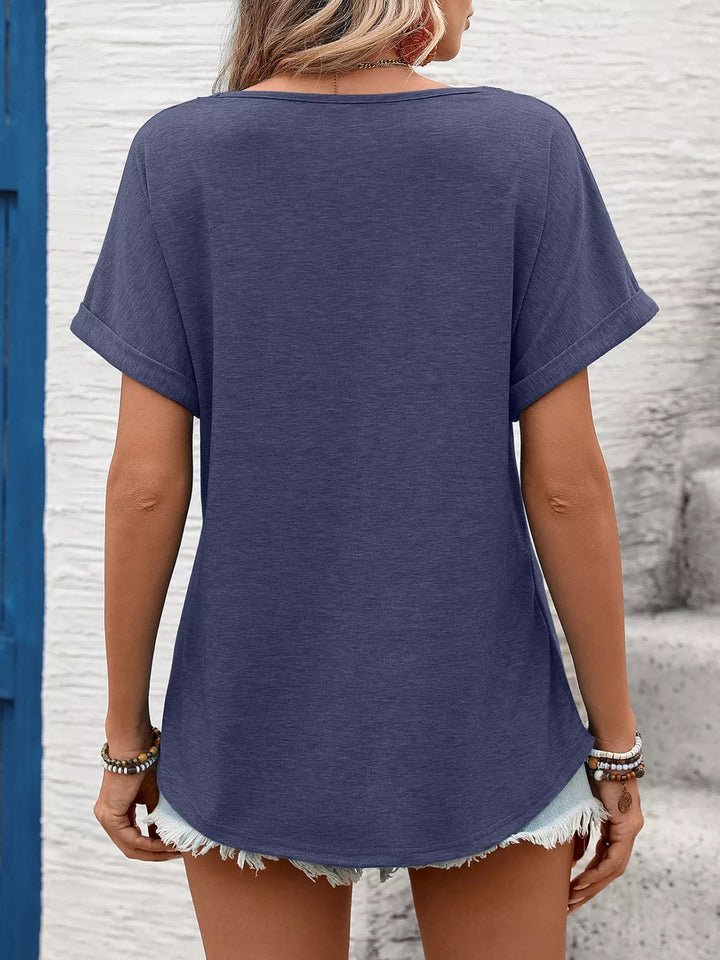 Lace-trim V-neck short sleeve top with rolled cuffs