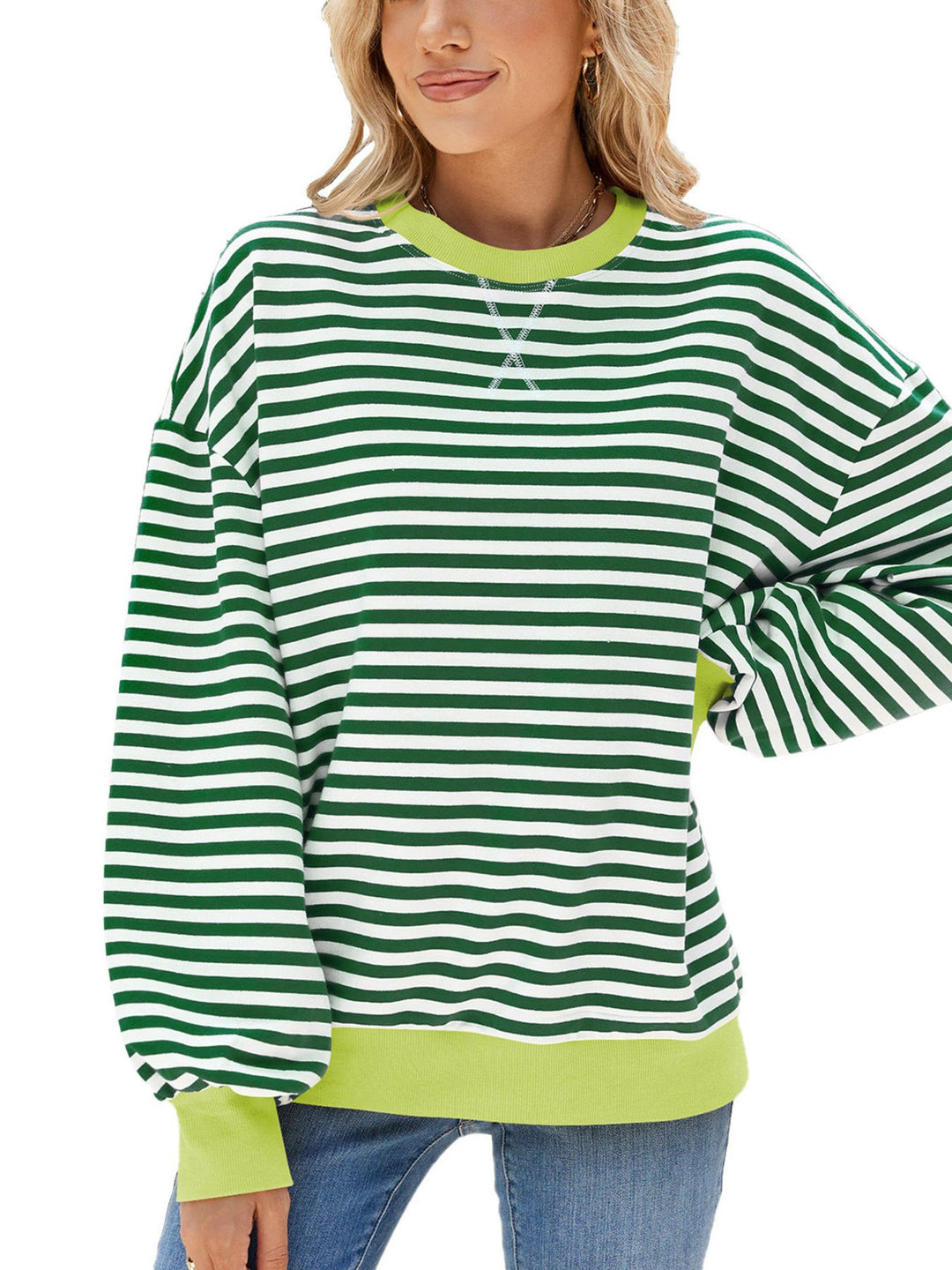 Gum Leaf Striped crew neck sweatshirt with contrast ribbed trim