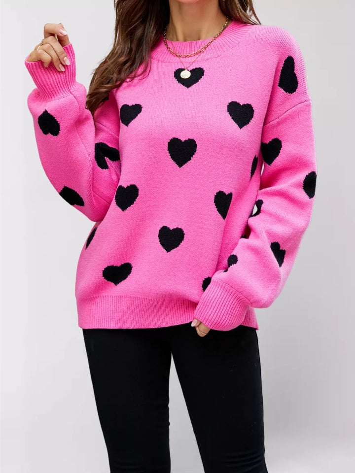 Heart print drop shoulder crew neck knit sweater