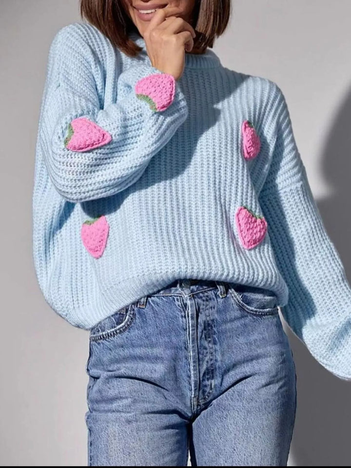 Strawberry applique chunky knit button-down cardigan