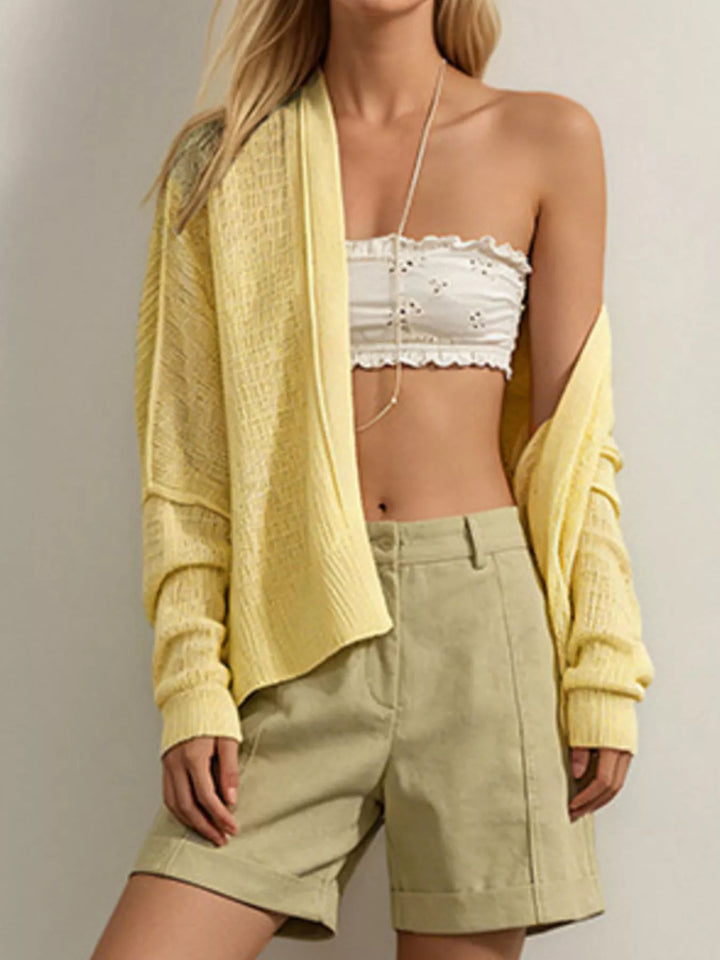 Open-front waffle knit cardigan with ribbed cuffs