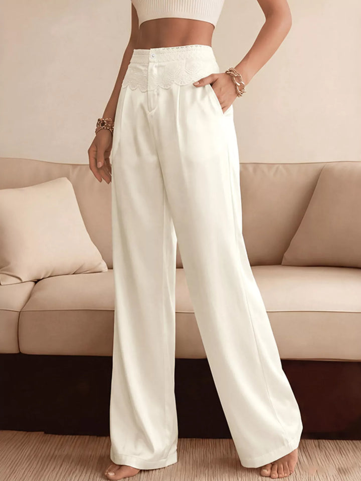 Beige Wide-leg pants with scalloped lace waistband trim