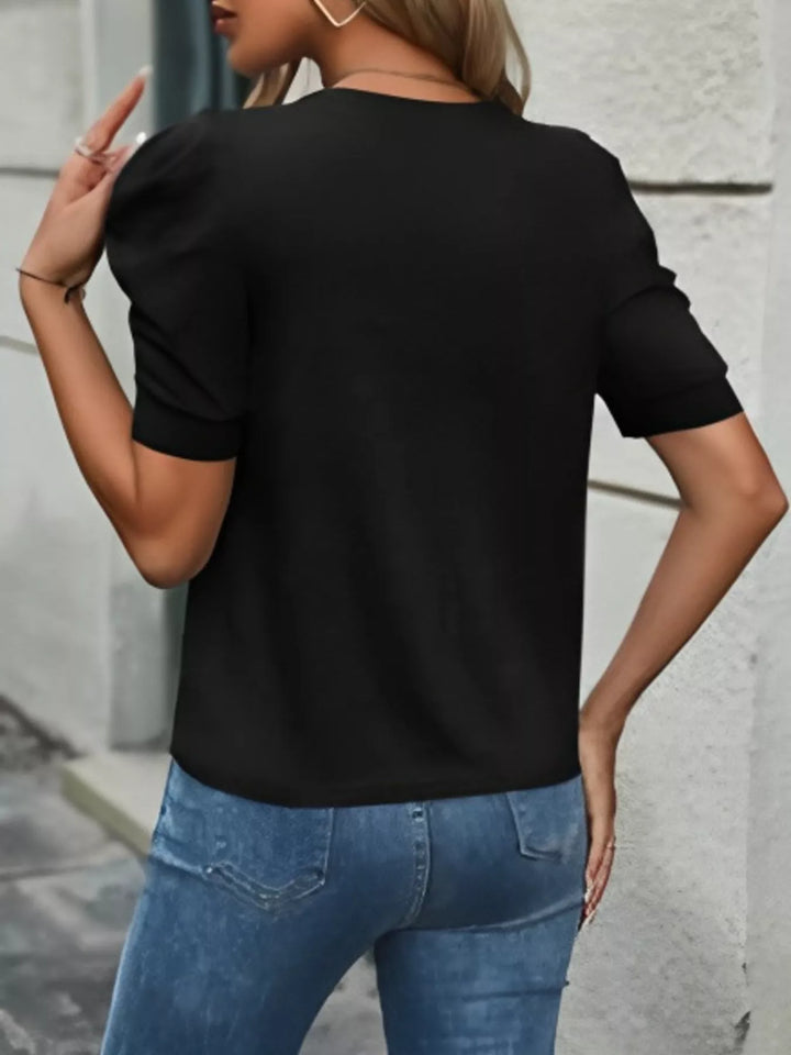 Gathered puff sleeve crew neck t-shirt