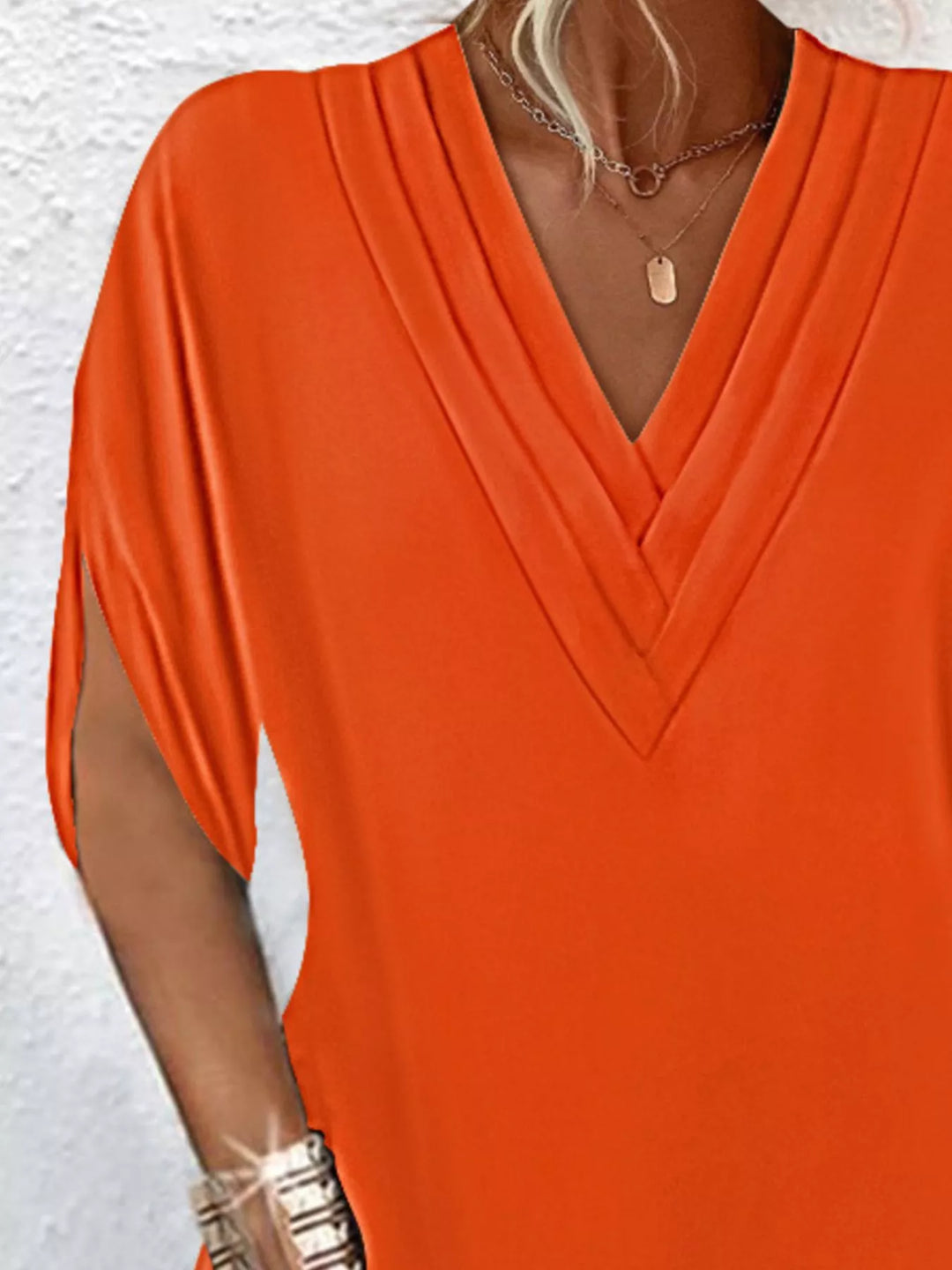 Pleated V-neck split sleeve relaxed mini dress