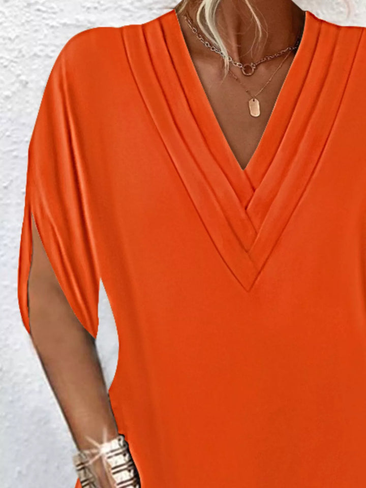 Pleated V-neck split sleeve relaxed mini dress
