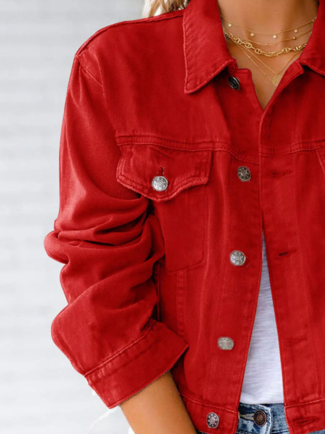 Cropped button-up denim jacket with chest pockets