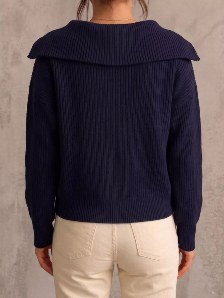 Chunky two-way zip sweater jacket with foldover collar