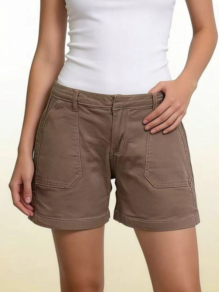 Khaki Patch pocket mid-rise denim shorts with cuffed hem