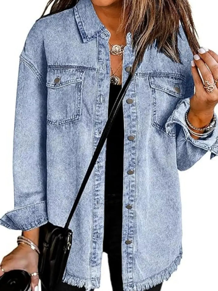 Light Blue Frayed raw hem button-up denim jacket with flap pockets