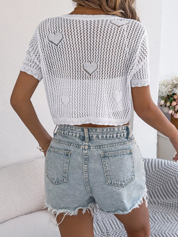 Crochet knit heart-pattern tie-front crop cardigan