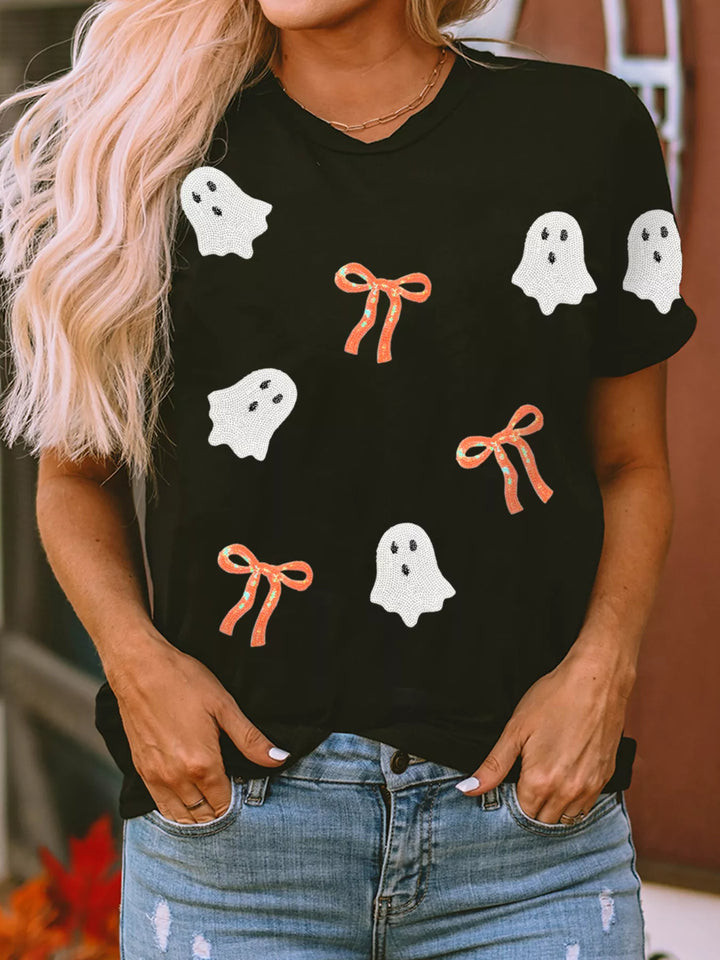 Sequin ghost and bow drop shoulder sweatshirt