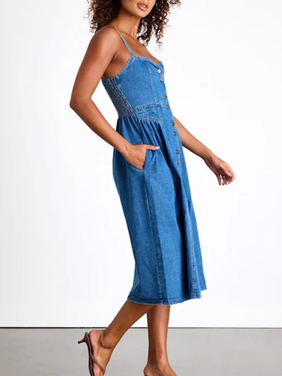 Button-front denim midi dress with sweetheart neckline and pockets