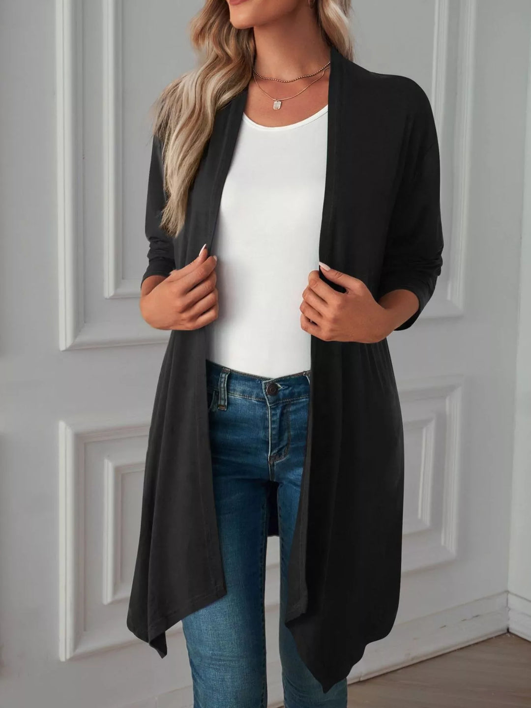 Lightweight open front cardigan with draped waterfall hem