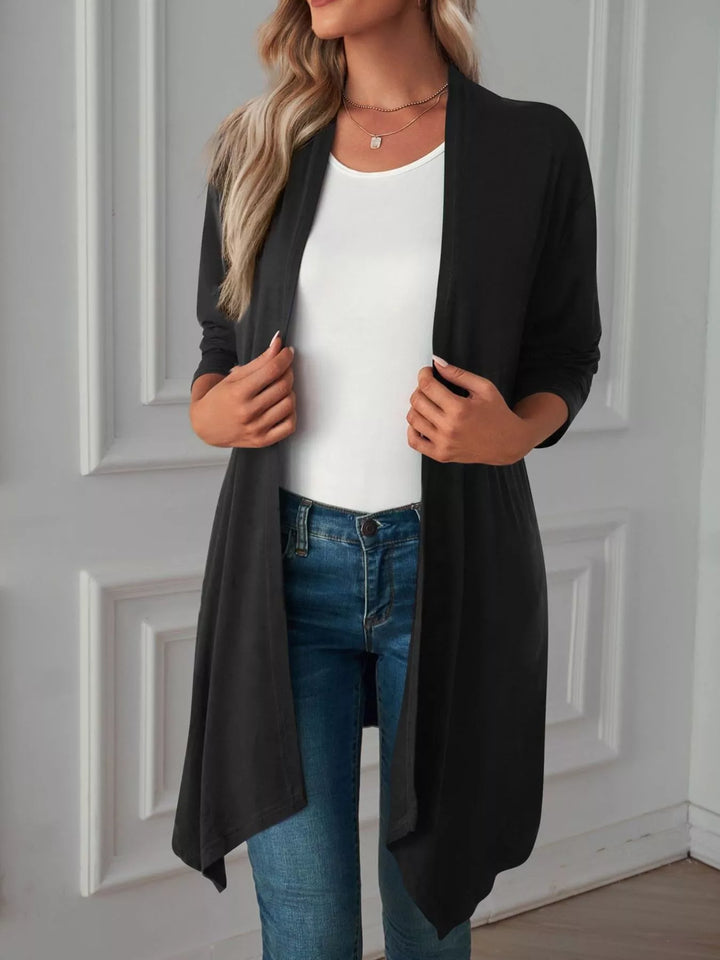 Lightweight open front cardigan with draped waterfall hem